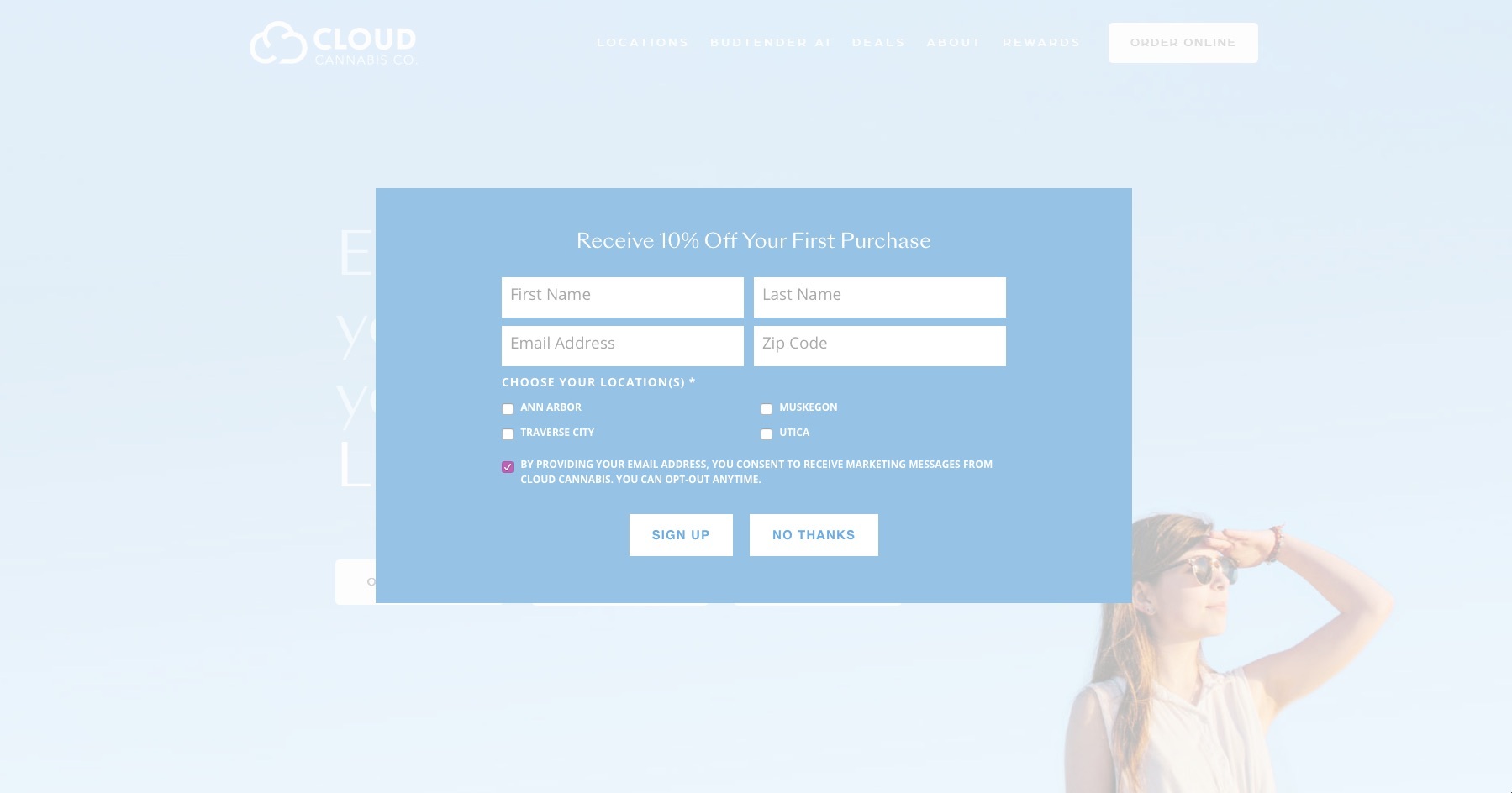Cloud Cannabis in Michigan offers 10% off first purchase when signing up for the mailing list.
