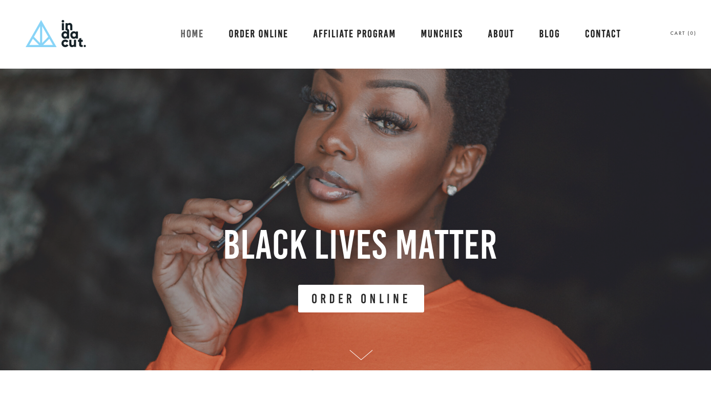 California delivery-only dispensary, Indacut, has an attractive, organized home page with clearly marked links at the top.